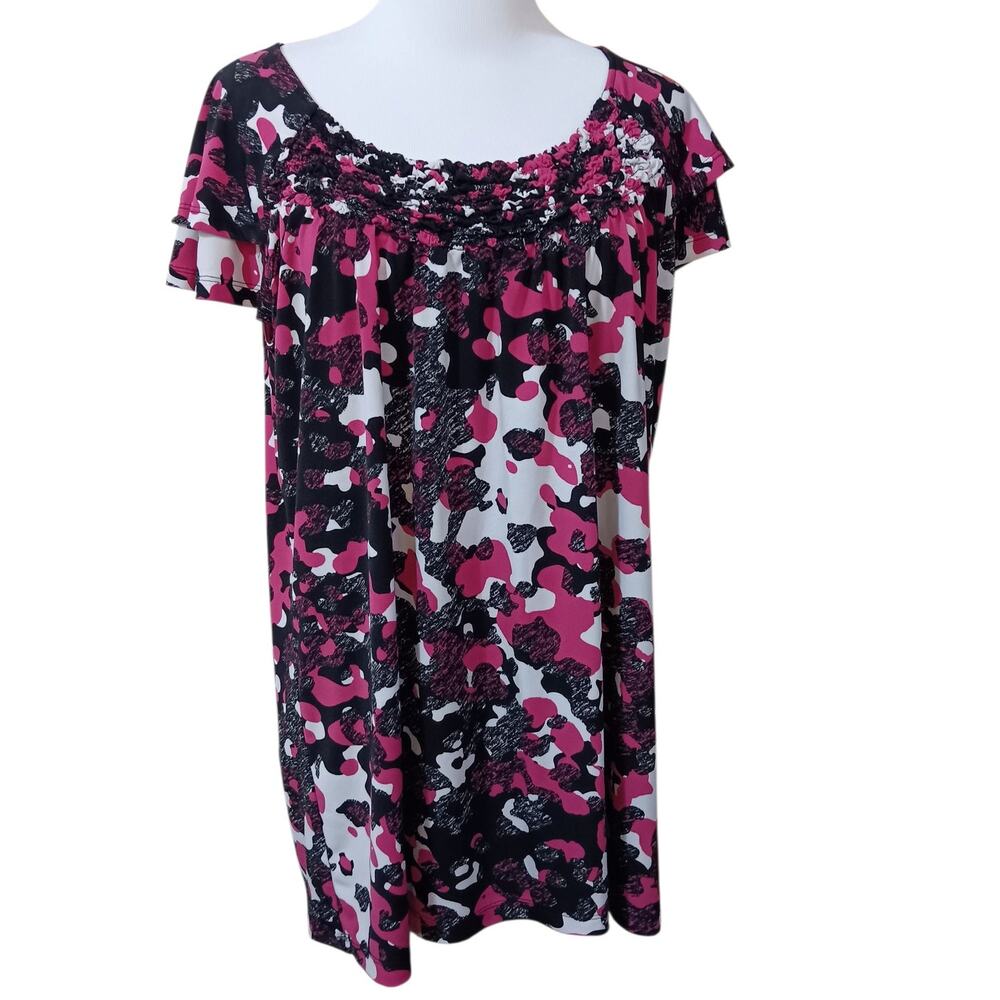 Y2K Fashion Bug Stretchy Smocked Top Blouse L Flutter Sleeves Pink Black White